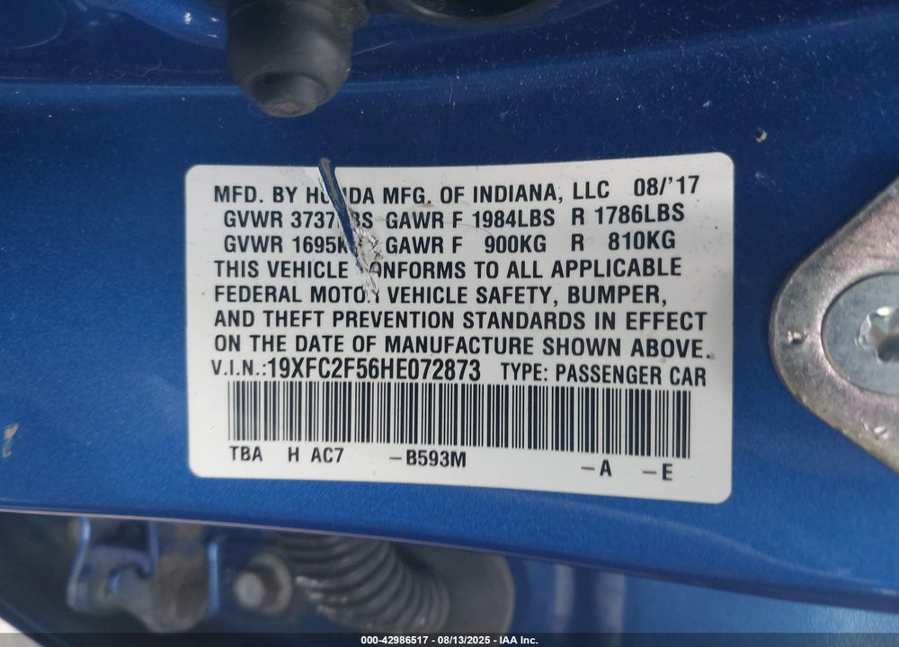 2017 HONDA CIVIC VIN: 19XFC2F56HE072873