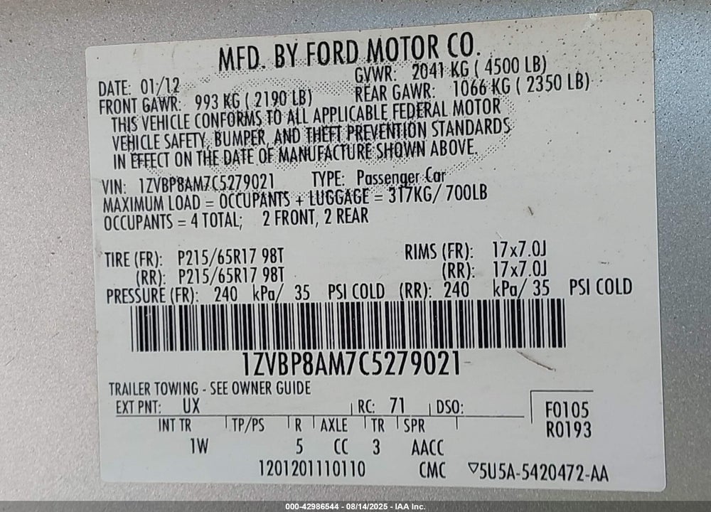 2012 FORD MUSTANG VIN: 1ZVBP8AM7C5279021