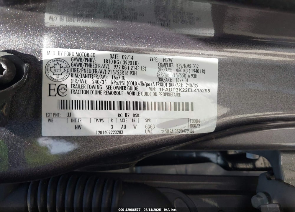 2014 FORD FOCUS VIN: 1FADP3K22EL415295