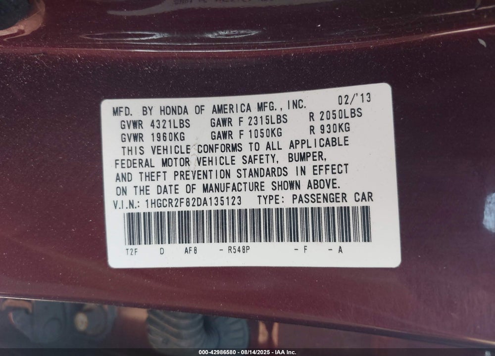 2013 HONDA ACCORD VIN: 1HGCR2F82DA135123