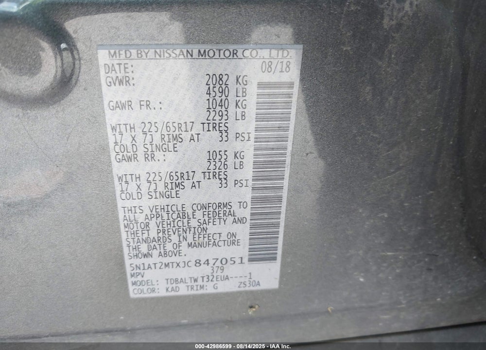 2018 NISSAN ROGUE VIN: 5N1AT2MTXJC847051