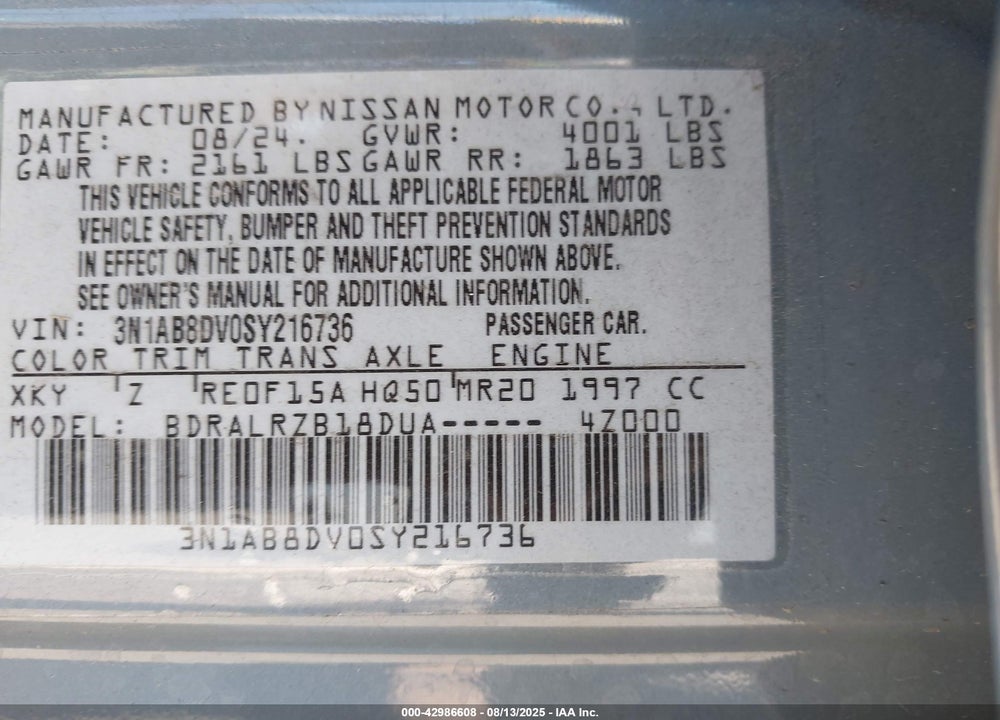 2025 NISSAN SENTRA SR VIN: 3N1AB8DV0SY216736