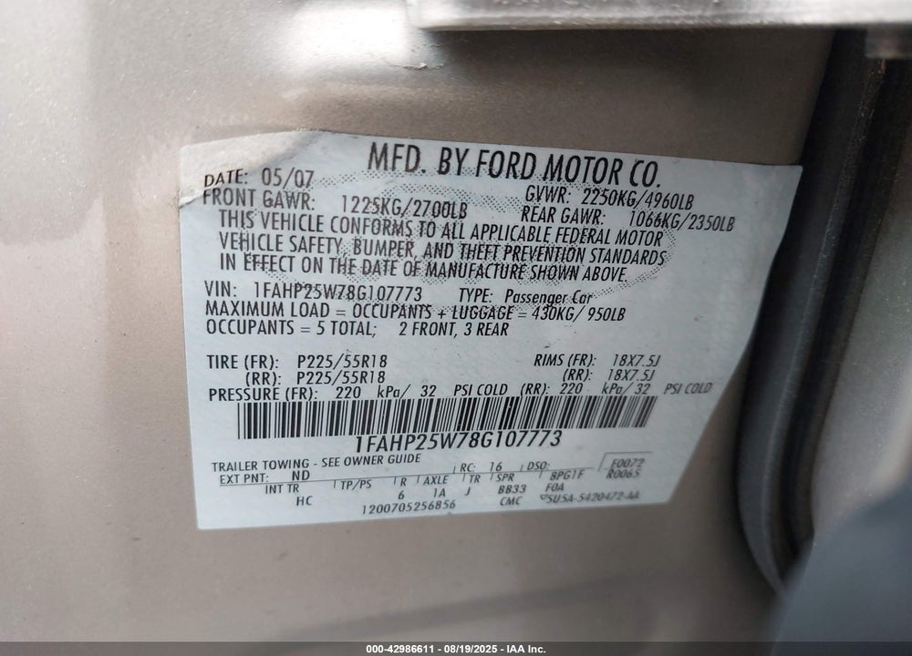 2008 FORD TAURUS LIMITED VIN: 1FAHP25W78G107773