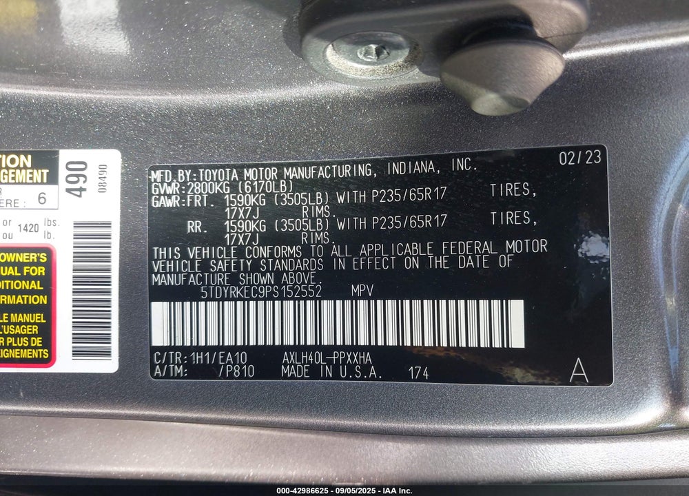 2023 TOYOTA SIENNA XLE VIN: 5TDYRKEC9PS152552