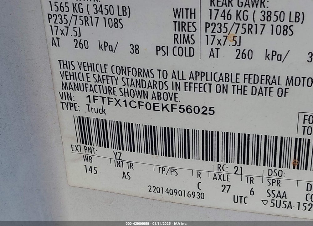 2014 FORD F-150 VIN: 1FTFX1CF0EKF56025