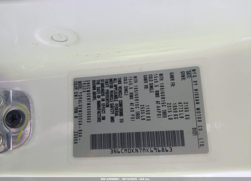 2021 NISSAN NV200  CARGO SV XTRONIC CVT VIN: 3N6CM0KN7MK696863