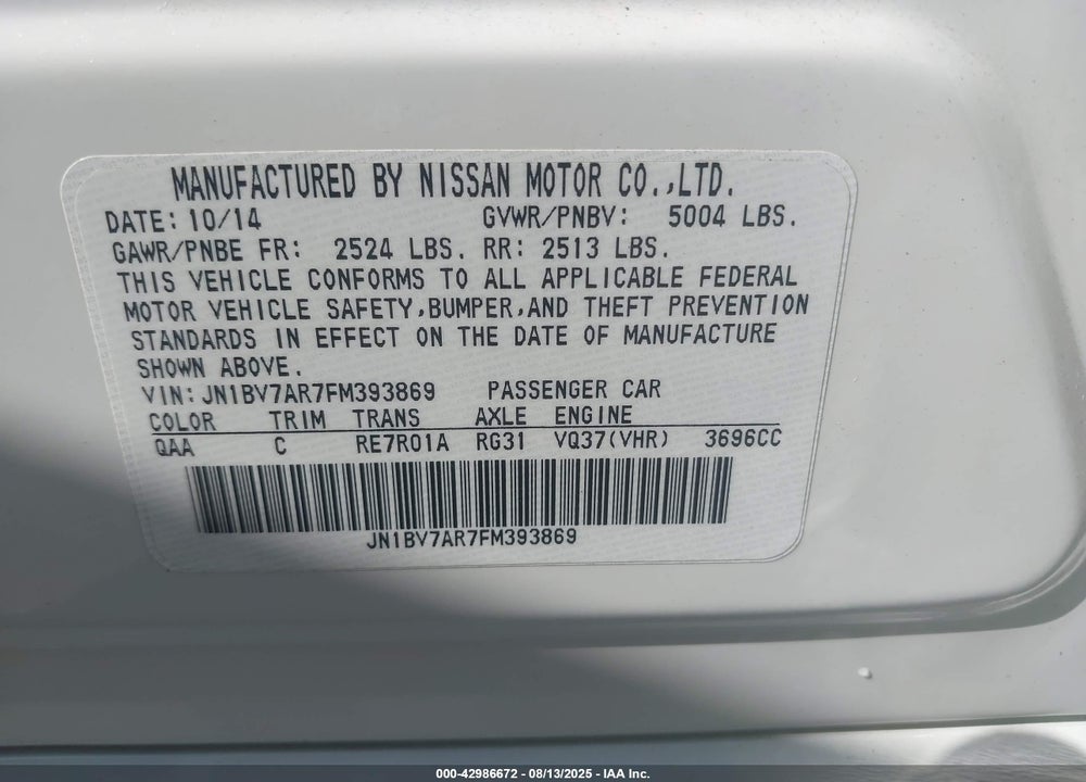 2015 INFINITI Q50 VIN: JN1BV7AR7FM393869