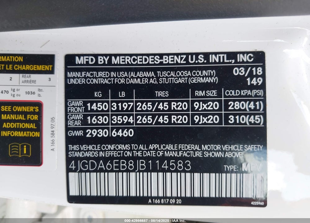 2018 MERCEDES-BENZ GLE CLASS VIN: 4JGDA6EB8JB114583