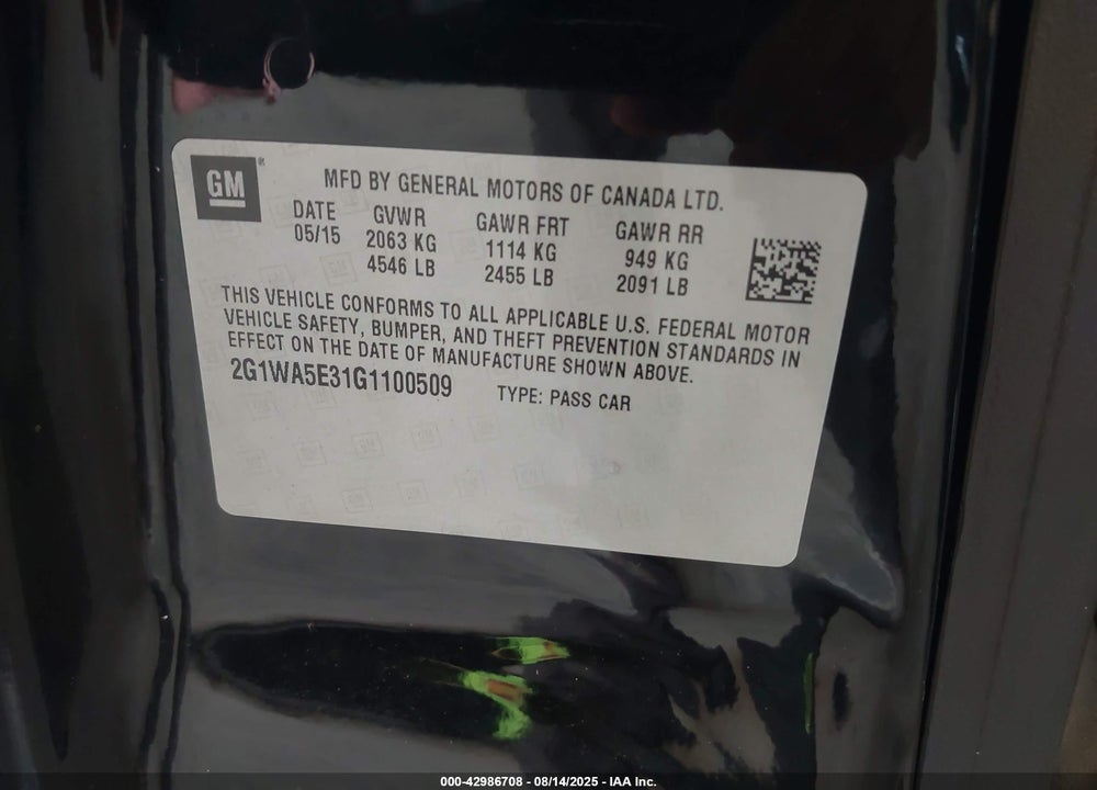 2016 CHEVROLET IMPALA LIMITED VIN: 2G1WA5E31G1100509
