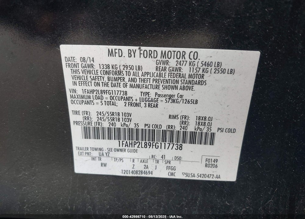 2015 FORD POLICE INTERCEPTOR UTILITY VIN: 1FAHP2L89FG117738