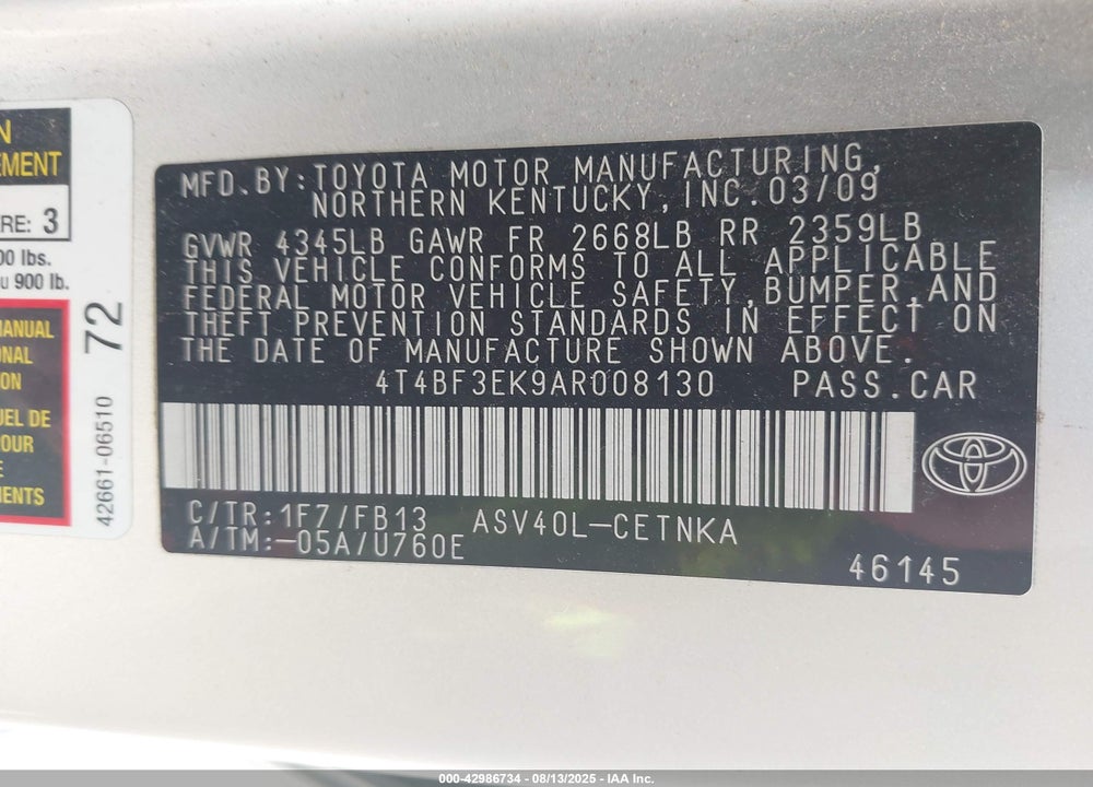 2010 TOYOTA CAMRY LE VIN: 4T4BF3EK9AR008130