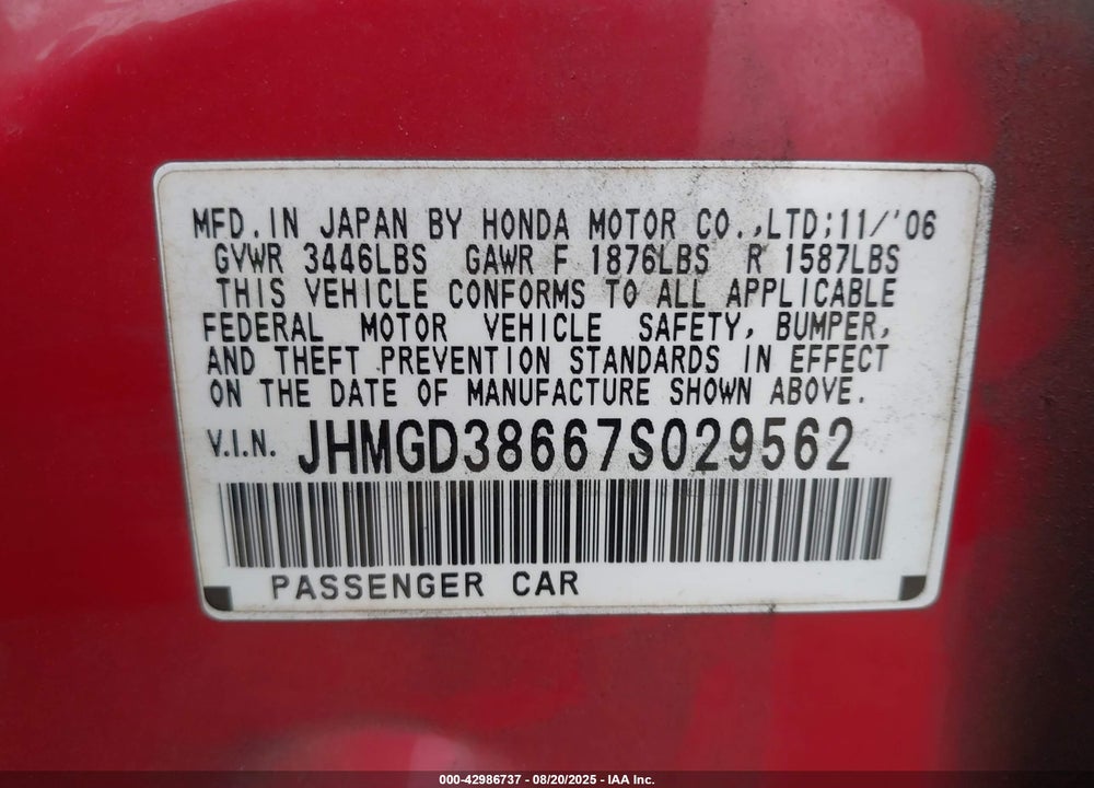 2007 HONDA FIT SPORT VIN: JHMGD38667S029562