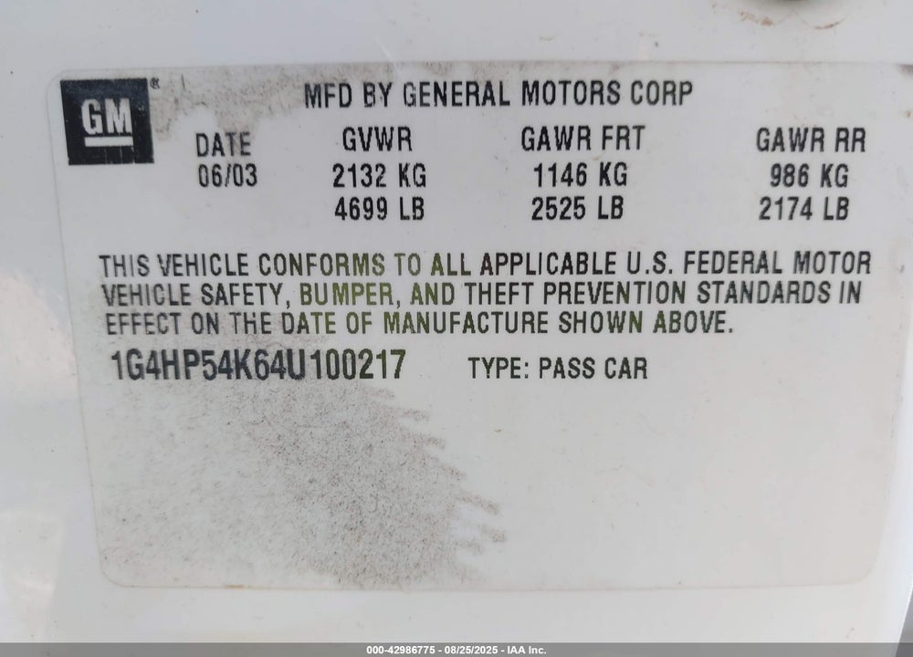 2004 BUICK LESABRE CUSTOM VIN: 1G4HP54K64U100217