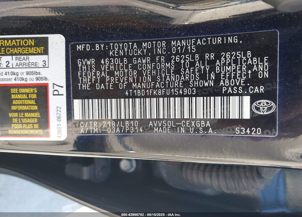 2015 TOYOTA CAMRY HYBRID XLE VIN: 4T1BD1FK8FU154903