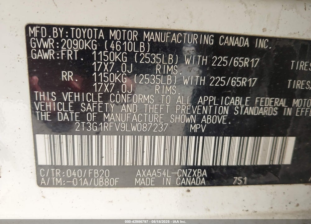 2020 TOYOTA RAV4 VIN: 2T3G1RFV9LW087237