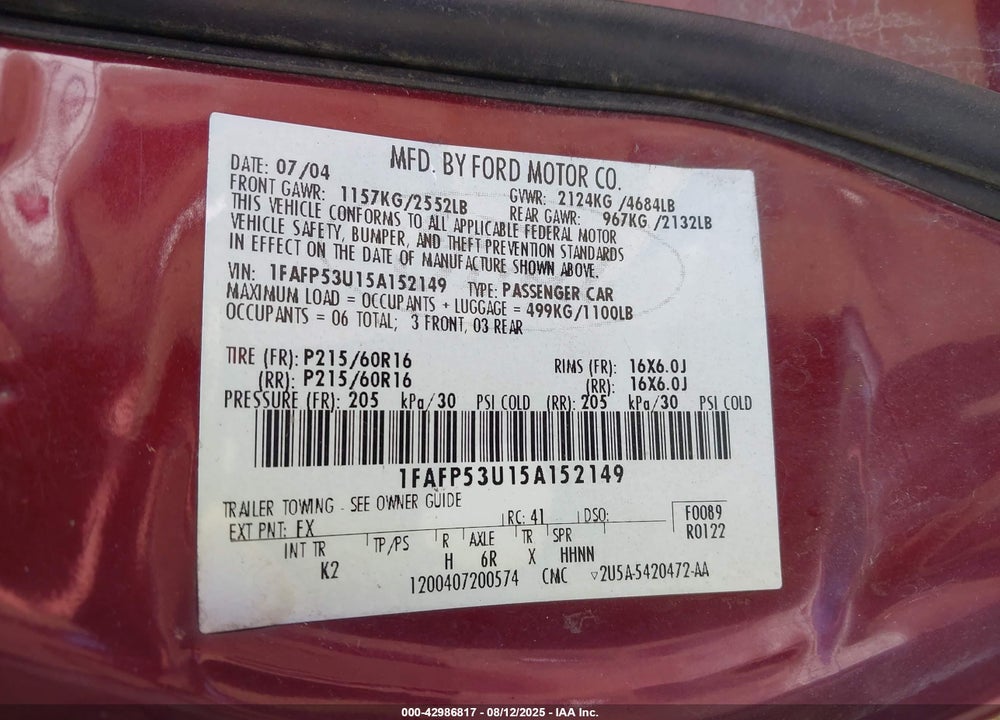 2005 FORD TAURUS SE VIN: 1FAFP53U15A152149