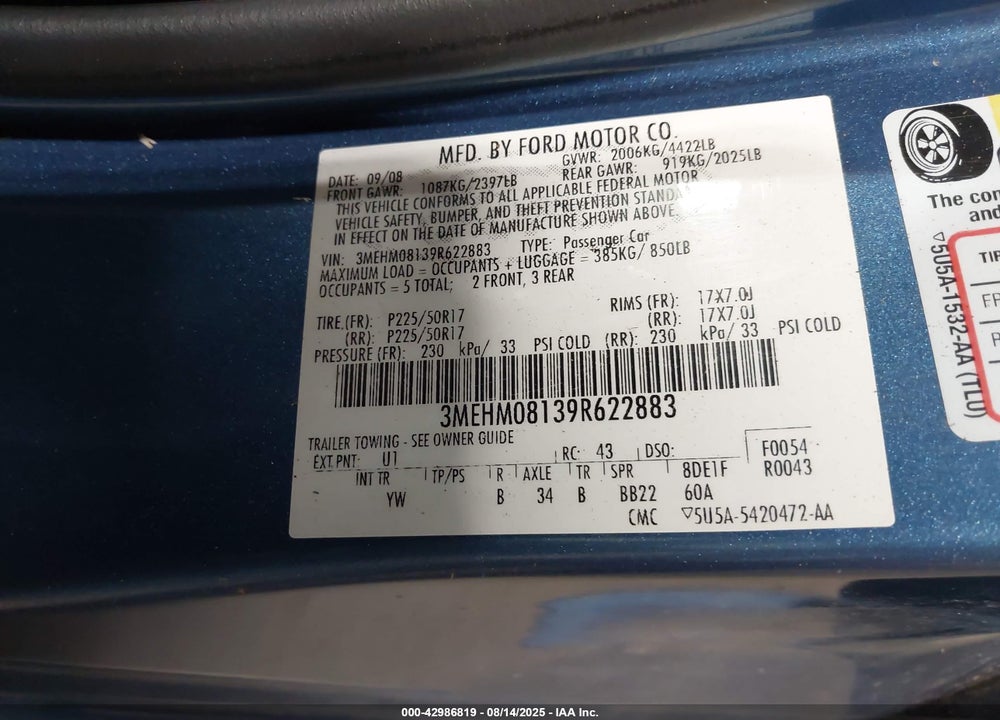 2009 MERCURY MILAN V6 PREMIER VIN: 3MEHM08139R622883