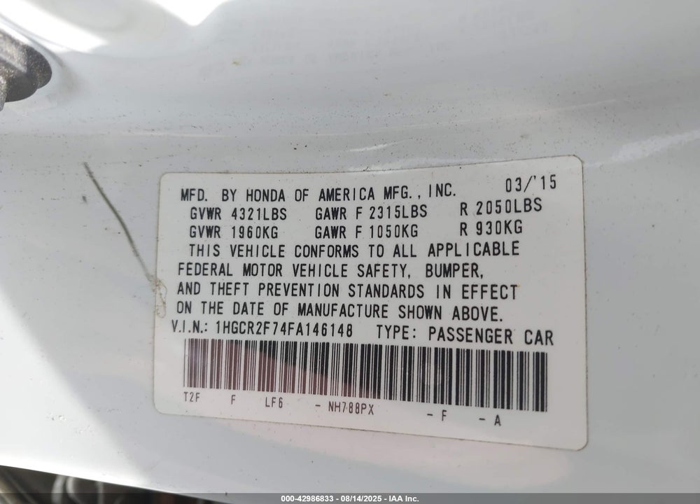 2015 HONDA ACCORD EX VIN: 1HGCR2F74FA146148