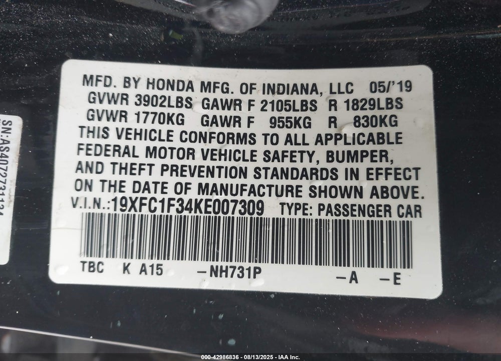 2019 HONDA CIVIC EX VIN: 19XFC1F34KE007309