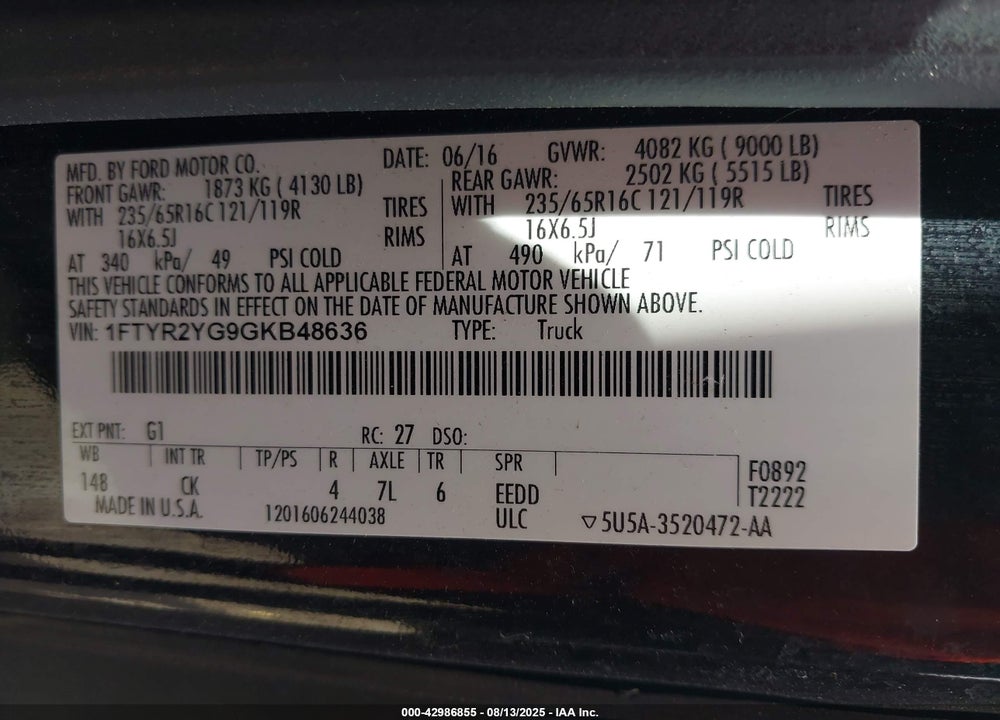 2016 FORD TRANSIT BASE W/SLIDING PASS-SIDE CARGO-DOOR VIN: 1FTYR2YG9GKB48636