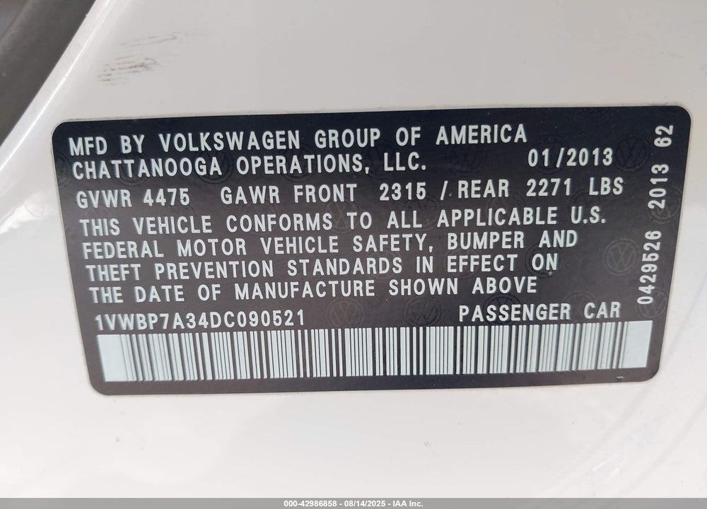 2013 VOLKSWAGEN PASSAT VIN: 1VWBP7A34DC090521