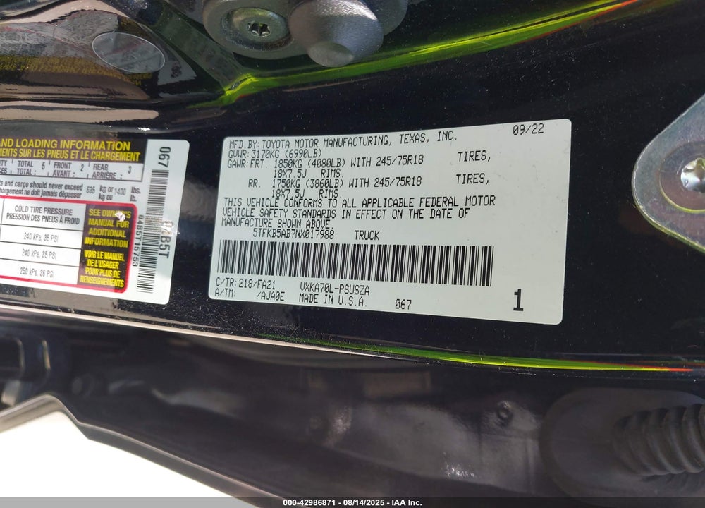2022 TOYOTA TUNDRA VIN: 5TFKB5AB7NX017988