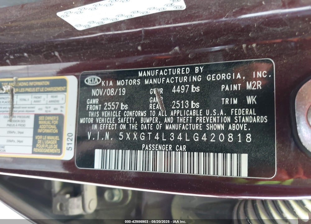 2020 KIA OPTIMA VIN: 5XXGT4L34LG420818