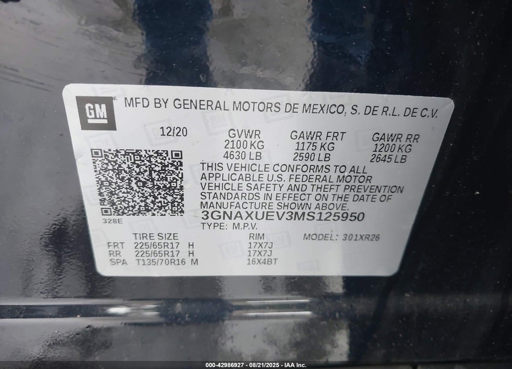 2021 CHEVROLET EQUINOX VIN: 3GNAXUEV3MS125950