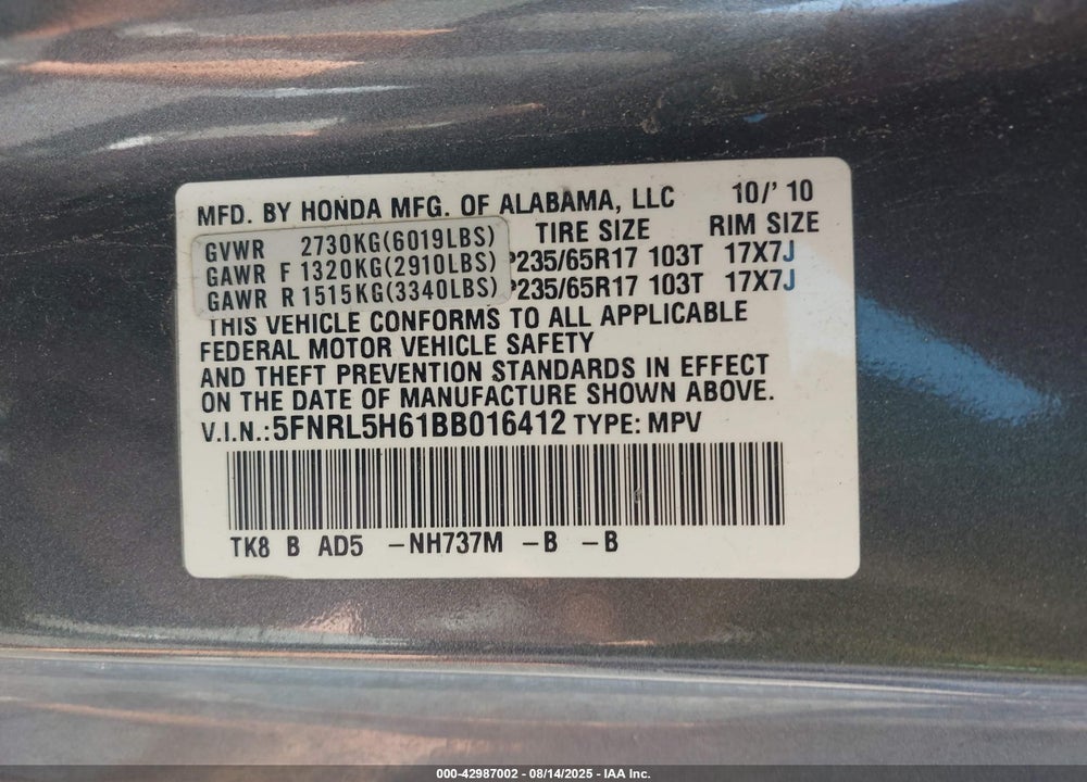 2011 HONDA ODYSSEY EX-L VIN: 5FNRL5H61BB016412