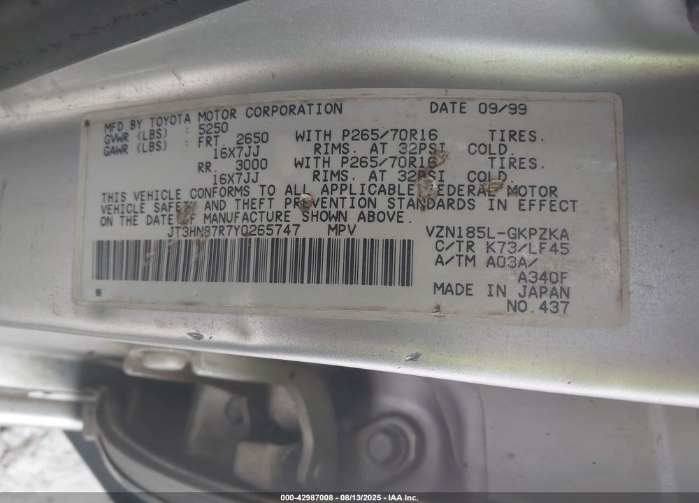 2000 TOYOTA 4RUNNER LIMITED V6 VIN: JT3HN87R7Y0265747