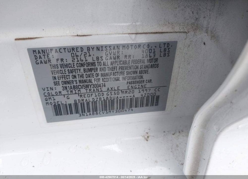 2021 NISSAN SENTRA VIN: 3N1AB8CV5MY300474