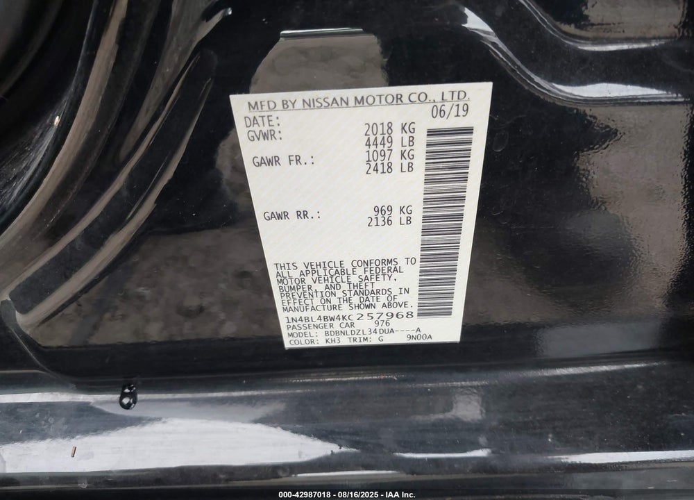 2019 NISSAN ALTIMA VIN: 1N4BL4BW4KC257968