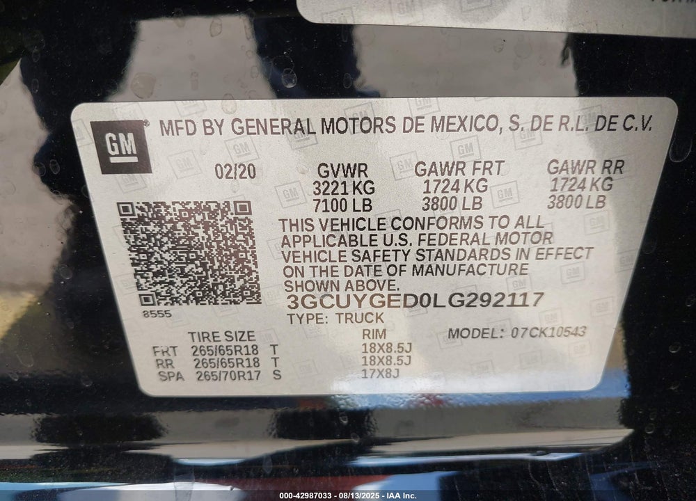 2020 CHEVROLET SILVERADO 1500 4WD SHORT BED LTZ VIN: 3GCUYGED0LG292117