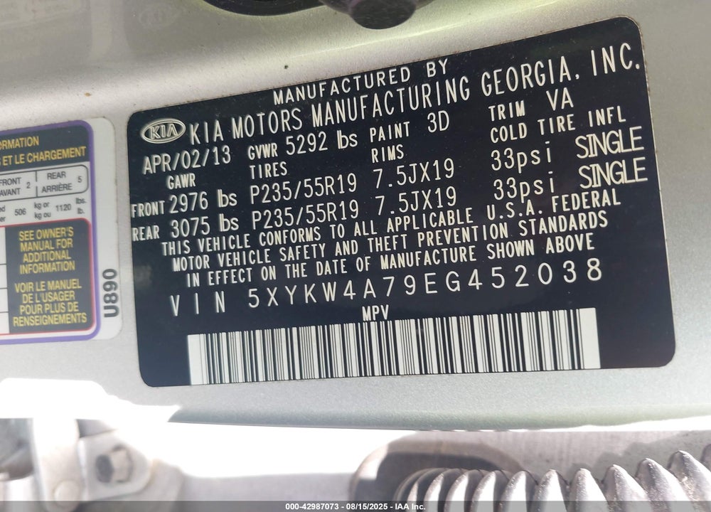 2014 KIA SORENTO VIN: 5XYKW4A79EG452038