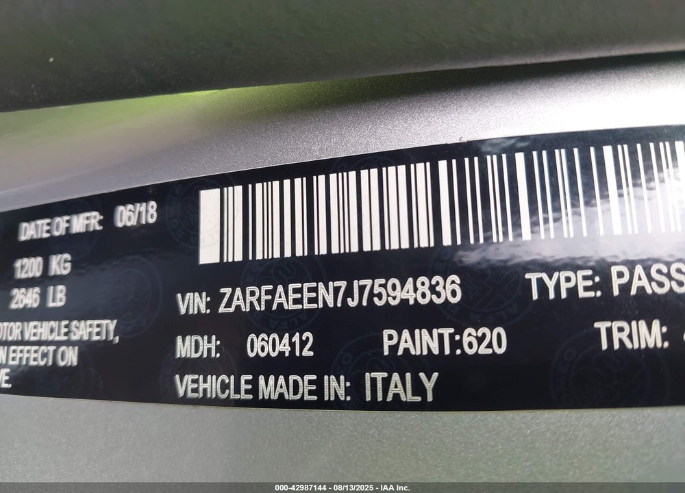 2018 ALFA ROMEO GIULIA VIN: ZARFAEEN7J7594836