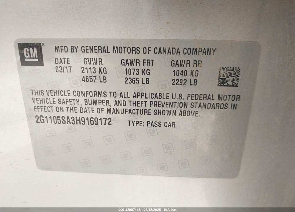 2017 CHEVROLET IMPALA VIN: 2G1105SA3H9169172