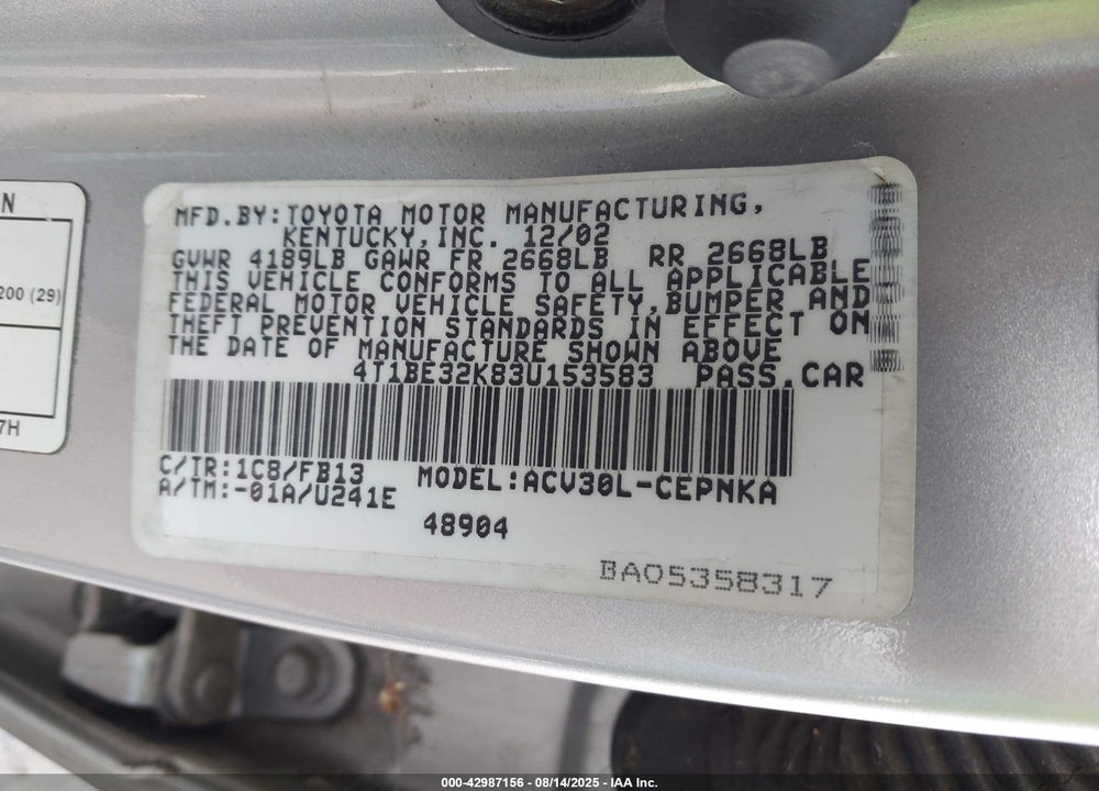 2003 TOYOTA CAMRY LE VIN: 4T1BE32K83U153583