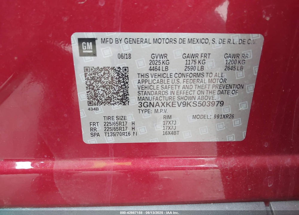 2019 CHEVROLET EQUINOX VIN: 3GNAXKEV9KS503979
