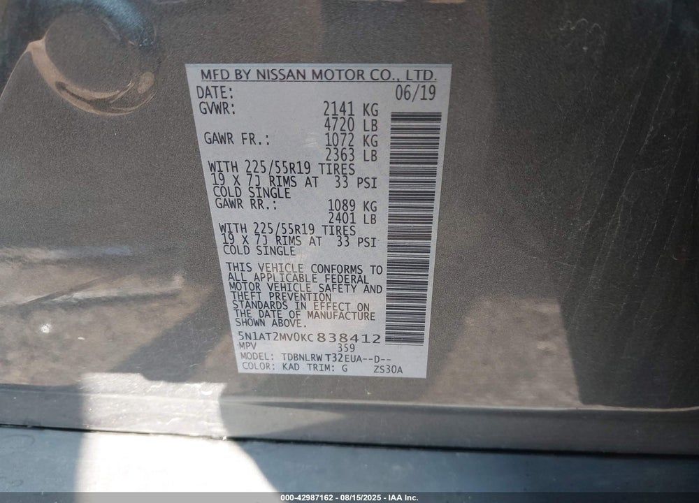 2019 NISSAN ROGUE VIN: 5N1AT2MV0KC838412