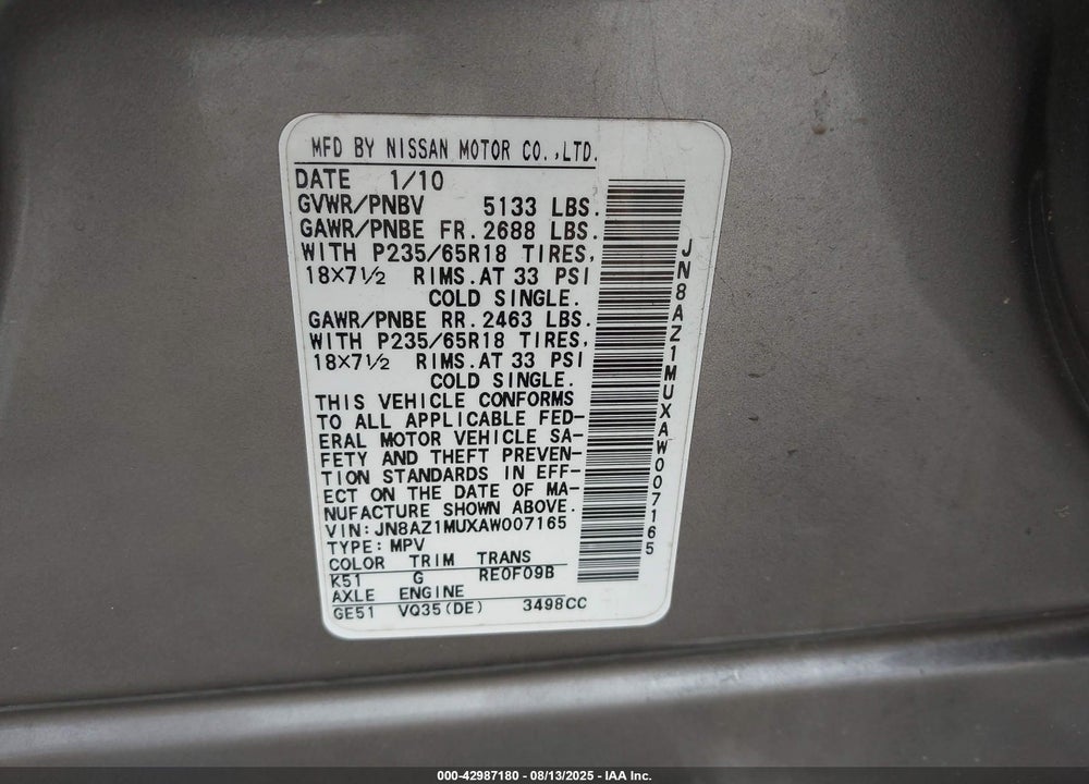 2010 NISSAN MURANO VIN: JN8AZ1MUXAW007165