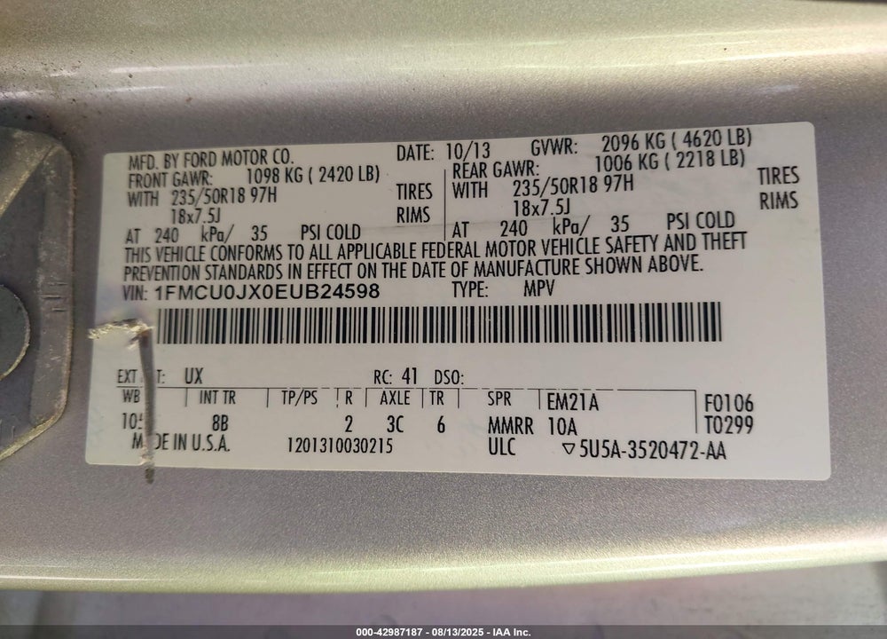 2014 FORD ESCAPE VIN: 1FMCU0JX0EUB24598