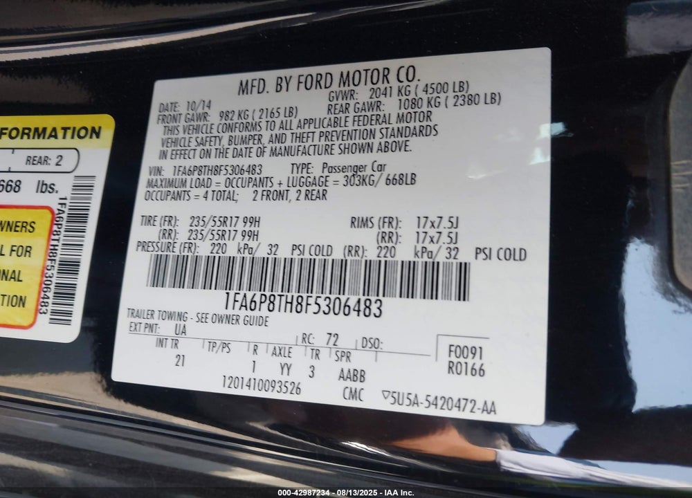 2015 FORD MUSTANG ECOBOOST VIN: 1FA6P8TH8F5306483