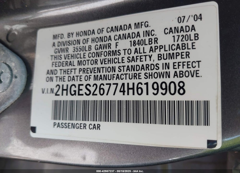 2004 HONDA CIVIC EX VIN: 2HGES26774H619908