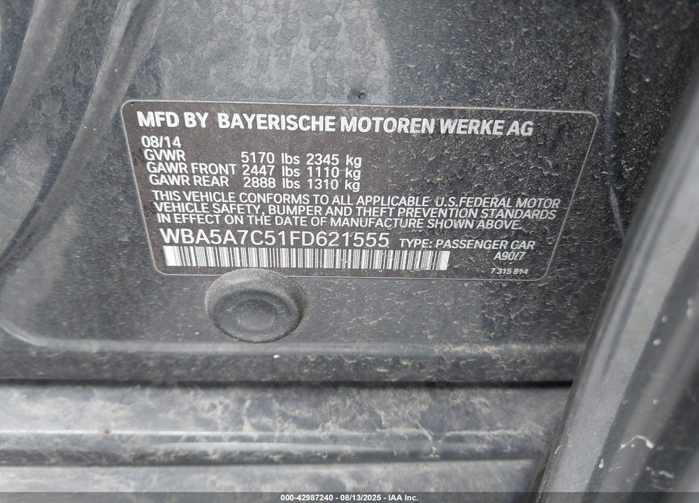 2015 BMW 5 SERIES VIN: WBA5A7C51FD621555