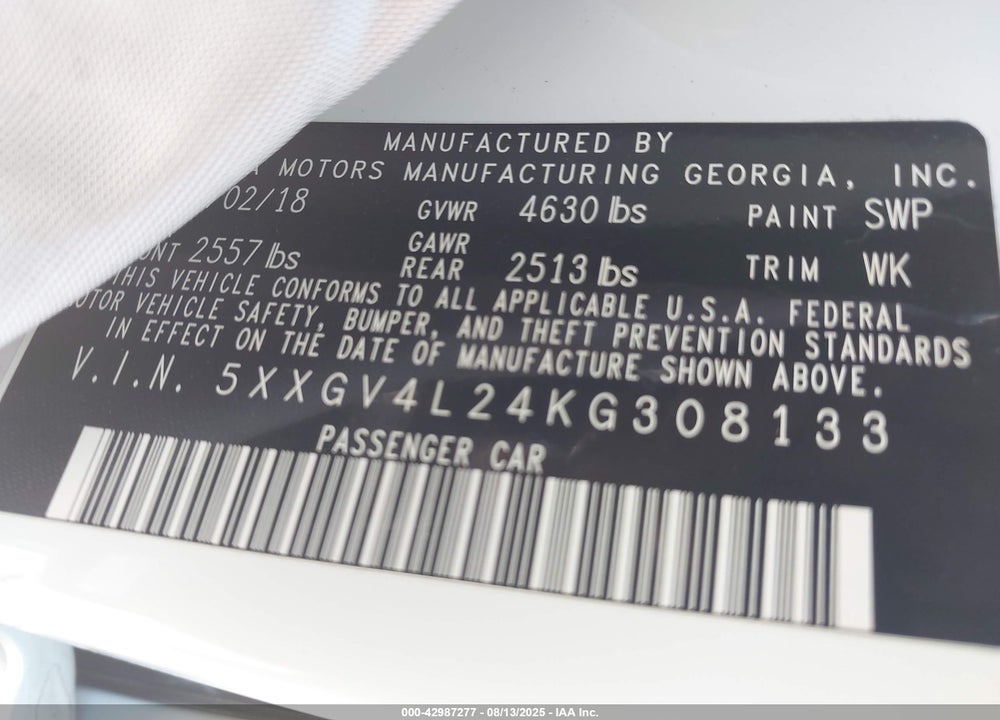 2019 KIA OPTIMA VIN: 5XXGV4L24KG308133