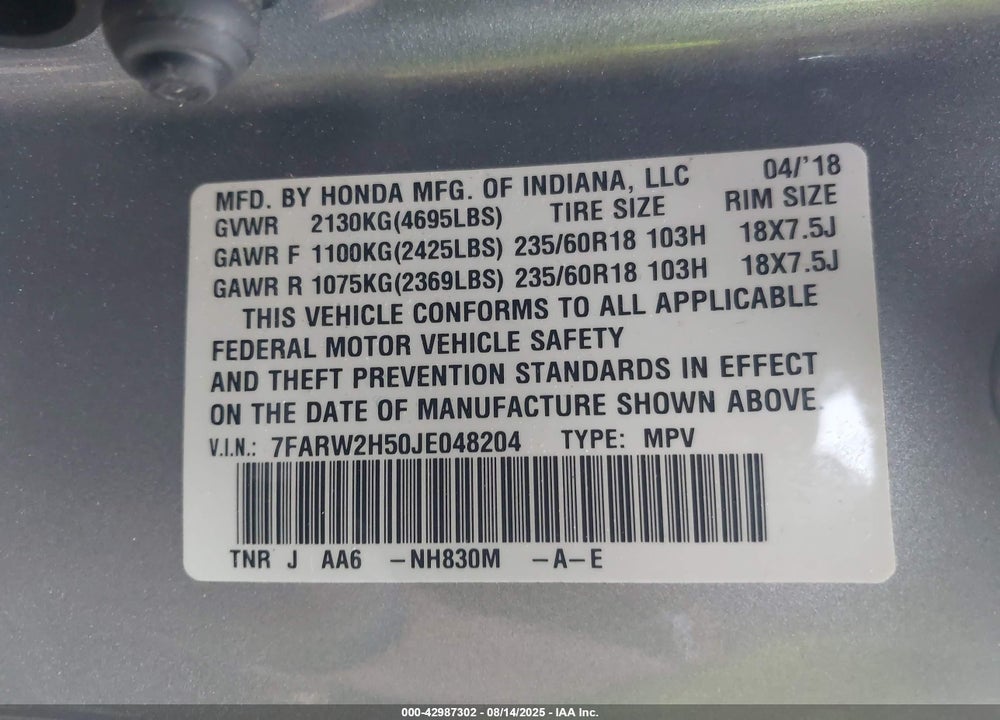 2018 HONDA CR-V EX VIN: 7FARW2H50JE048204