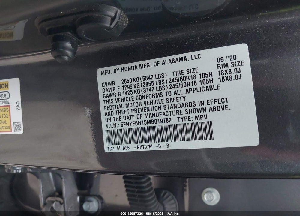 2021 HONDA PILOT AWD LX VIN: 5FNYF6H15MB019782