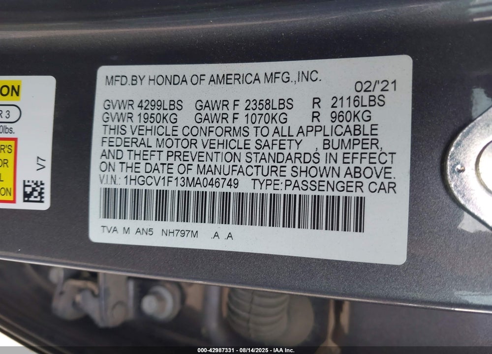 2021 HONDA ACCORD LX VIN: 1HGCV1F13MA046749