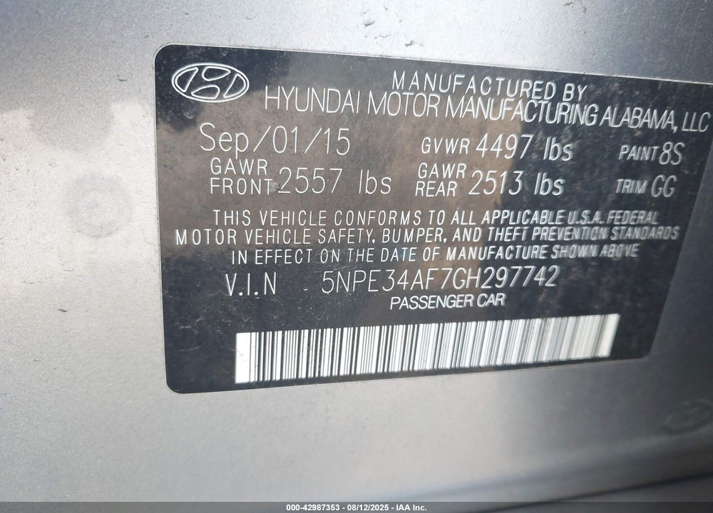 2016 HYUNDAI SONATA VIN: 5NPE34AF7GH297742