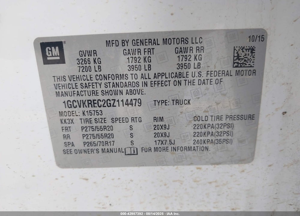 2016 CHEVROLET SILVERADO 1500 VIN: 1GCVKREC2GZ114479